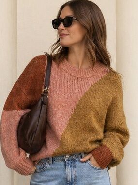 Zara Pink, Brown & Tan Crewneck Colorblock Sweater Size M